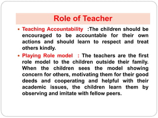  Teaching Accountability :The children should be
encouraged to be accountable for their own
actions and should learn to respect and treat
others kindly.
 Playing Role model : The teachers are the first
role model to the children outside their family.
When the children sees the model showing
concern for others, motivating them for their good
deeds and cooperating and helpful with their
academic issues, the children learn them by
observing and imitate with fellow peers.
Role of Teacher
 