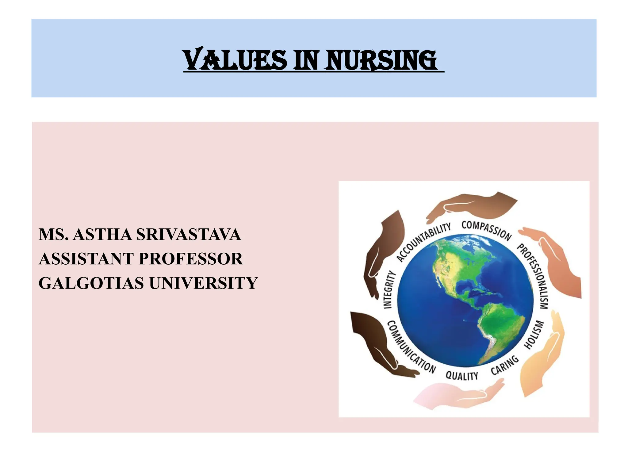 VALUES IN nursing
MS. ASTHA SRIVASTAVA
ASSISTANT PROFESSOR
GALGOTIAS UNIVERSITY
 