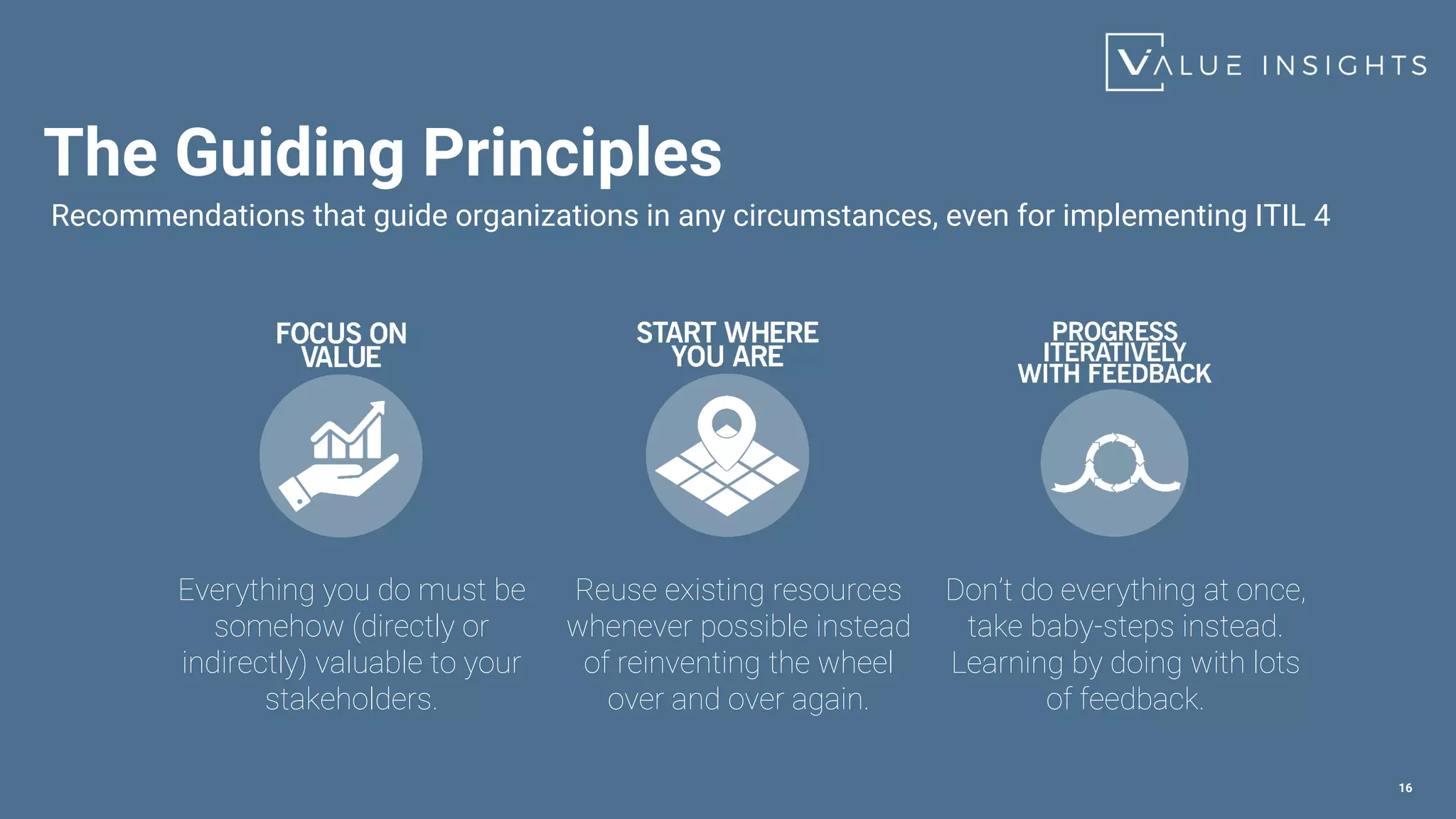 The Guiding Principles
16
Recommendations that guide organizations in any circumstances, even for implementing ITIL 4
Everything you do must be
somehow (directly or
indirectly) valuable to your
stakeholders.
Reuse existing resources
whenever possible instead
of reinventing the wheel
over and over again.
Don’t do everything at once,
take baby-steps instead.
Learning by doing with lots
of feedback.
 