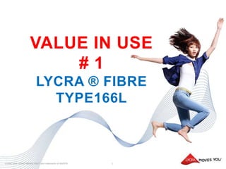 LYCRA® and LYCRA® MOVES YOU™ are trademarks of INVISTALYCRA® and LYCRA® MOVES YOU™ are trademarks of INVISTA
VALUE IN USE
# 1
LYCRA ® FIBRE
TYPE166L
1
 