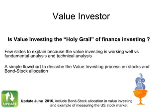 1
Value Investor
Is Value Investing the “Holy Grail” of finance investing ?
Few slides to explain because the value investing is working well vs fundamental analysis and
technical analysis
Some simple flowcharts to describe the Value Investing process on stocks and Bond-Stock
allocation, bond and Etf, because we are focusing only on process of value investment
Update June 2017, included new section
on ROIC competitive advantage
 