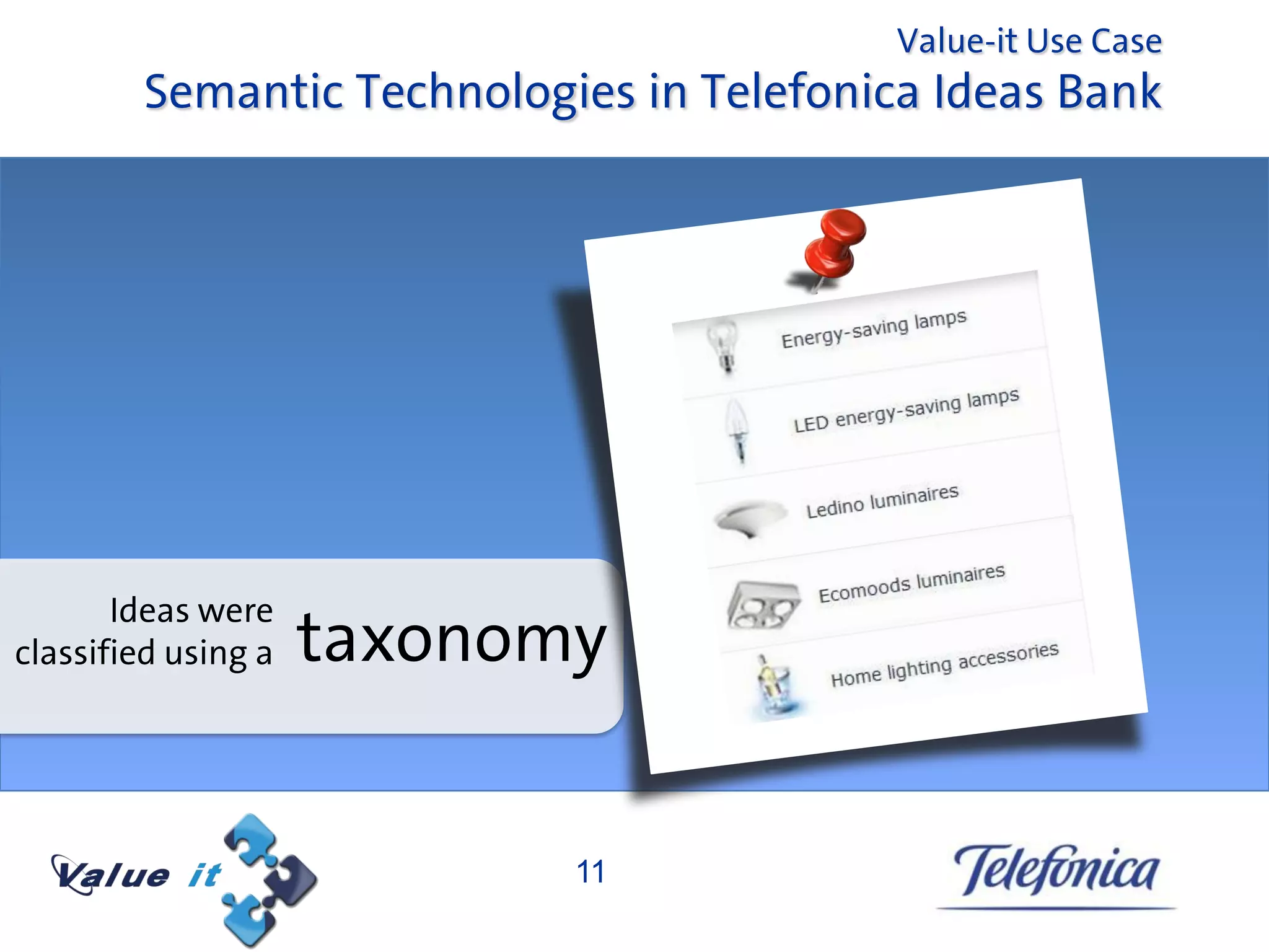Value-it Use Case
        Semantic Technologies in Telefonica Ideas Bank




       Ideas were
classified using a   taxonomy


                            11
 