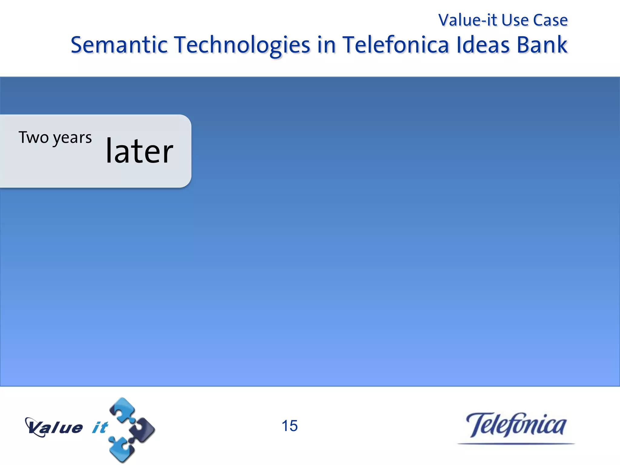 Value-it Use Case
      Semantic Technologies in Telefonica Ideas Bank


Two years
            later




                         15
 
