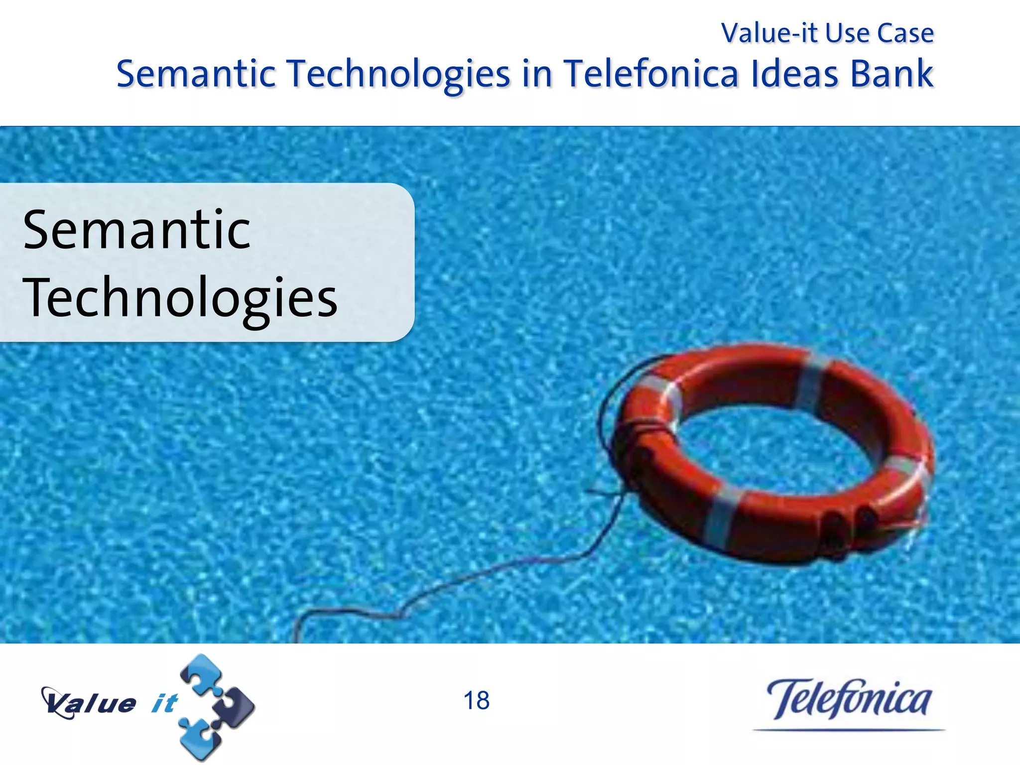 Value-it Use Case
   Semantic Technologies in Telefonica Ideas Bank



Semantic
Technologies




                      18
 