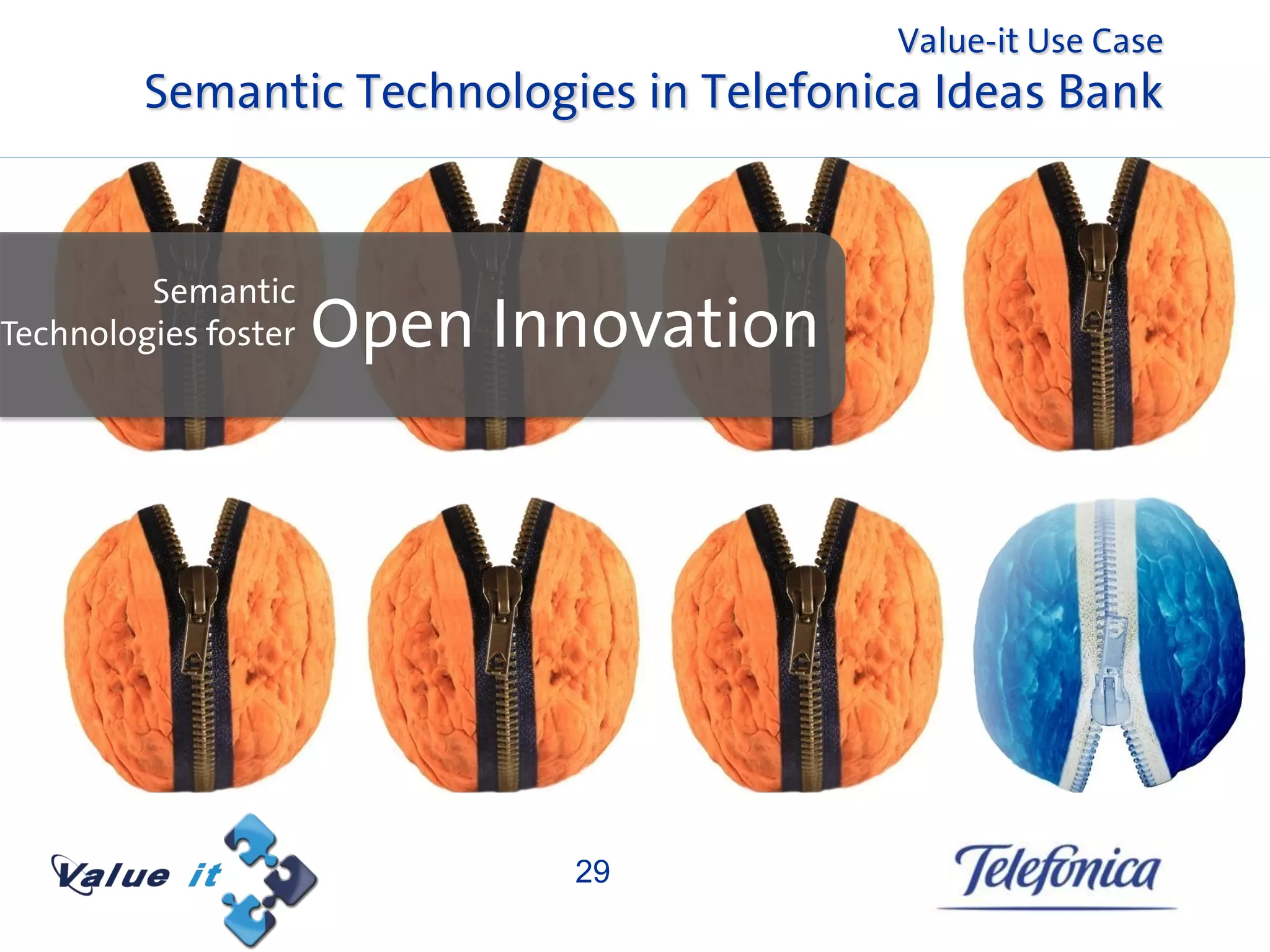 Value-it Use Case
         Semantic Technologies in Telefonica Ideas Bank


         Semantic
Technologies foster   Open Innovation




                             29
 