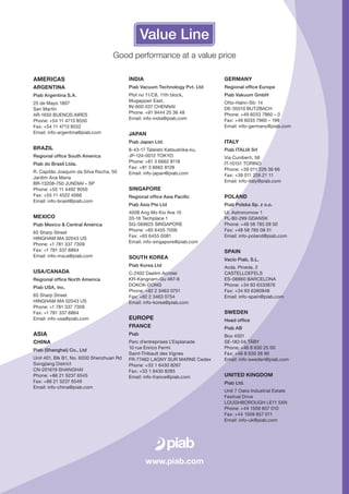 www.piab.com
Good performance at a value price
AMERICAS
ARGENTINA
Piab Argentina S.A.
25 de Mayo 1807
San Martín
AR-1650 BUENOS AIRES
Phone: +54 11 4713 8550
Fax: +54 11 4713 8552
Email: info-argentina@piab.com
BRAZIL
Regional office South America
Piab do Brasil Ltda.
R. Capitão Joaquim da Silva Rocha, 50
Jardim Ana Maria
BR-13208-750 JUNDIAI – SP
Phone: +55 11 4492 9050
Fax: +55 11 4522 4066
Email: info-brasil@piab.com
MEXICO
Piab Mexico & Central América
65 Sharp Street
HINGHAM MA 02043 US
Phone: +1 781 337 7309
Fax: +1 781 337 6864
Email: info-mxca@piab.com
USA/CANADA
Regional office North America
Piab USA, Inc.
65 Sharp Street
HINGHAM MA 02043 US
Phone: +1 781 337 7309
Fax: +1 781 337 6864
Email: info-usa@piab.com
ASIA
CHINA
Piab (Shanghai) Co., Ltd
Unit 401, Blk B1, No. 6000 Shenzhuan Rd
Songjiang District
CN-201619 SHANGHAI
Phone: +86 21 5237 6545
Fax: +86 21 5237 6549
Email: info-china@piab.com
GERMANY
Regional office Europe
Piab Vakuum GmbH
Otto-Hahn-Str. 14
DE-35510 BUTZBACH
Phone: +49 6033 7960 – 0
Fax: +49 6033 7960 – 199
Email: info-germany@piab.com
ITALY
Piab ITALIA Srl
Via Cuniberti, 58
IT-10151 TORINO
Phone: +39 011 226 36 66
Fax: +39 011 226 21 11
Email: info-italy@piab.com
POLAND
Piab Polska Sp. z o.o.
Ul. Astronomow 1
PL-80-299 GDANSK
Phone: +48 58 785 08 50
Fax: +48 58 785 08 51
Email: info-poland@piab.com
SPAIN
Vacío Piab, S.L.
Avda. Pineda, 2
CASTELLDEFELS
ES-08860 BARCELONA
Phone: +34 93 6333876
Fax: +34 93 6380848
Email: info-spain@piab.com
SWEDEN
Head office
Piab AB
Box 4501
SE-183 04 TÄBY
Phone: +46 8 630 25 00
Fax: +46 8 630 26 90
Email: info-sweden@piab.com
UNITED KINGDOM
Piab Ltd.
Unit 7 Oaks Industrial Estate
Festival Drive
LOUGHBOROUGH LE11 5XN
Phone: +44 1509 857 010
Fax: +44 1509 857 011
Email: info-uk@piab.com
INDIA
Piab Vacuum Technology Pvt. Ltd
Plot no 11/C8, 11th block,
Mugappair East,
IN-600 037 CHENNAI
Phone: +91 9444 25 36 48
Email: info-india@piab.com
JAPAN
Piab Japan Ltd.
8-43-17 Tateishi Katsushika-ku,
JP-124-0012 TOKYO
Phone: +81 3 6662 8118
Fax: +81 3 6662 8128
Email: info-japan@piab.com
SINGAPORE
Regional office Asia Pacific
Piab Asia Pte Ltd
4008 Ang Mo Kio Ave 10
03-16 Techplace 1
SG-569625 SINGAPORE
Phone: +65 6455 7006
Fax: +65 6455 0081
Email: info-singapore@piab.com
SOUTH KOREA
Piab Korea Ltd
C-2402 Daelim Acrotel
KR-Kangnam-Gu 467-6
DOKOK-DONG
Phone: +82 2 3463 0751
Fax: +82 2 3463 0754
Email: info-korea@piab.com
EUROPE
FRANCE
Piab
Parc d’entreprises L’Esplanade
10 rue Enrico Fermi
Saint-Thibault des Vignes
FR-77462 LAGNY SUR MARNE Cedex
Phone: +33 1 6430 8267
Fax: +33 1 6430 8285
Email: info-france@piab.com
 