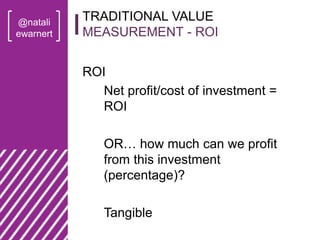@natali
ewarnert
ROI
Net profit/cost of investment =
ROI
OR… how much can we profit
from this investment
(percentage)?
Tan...