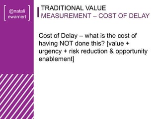 @natali
ewarnert
Cost of Delay – what is the cost of
having NOT done this? [value +
urgency + risk reduction & opportunity
enablement]
TRADITIONAL VALUE
MEASUREMENT – COST OF DELAY
 