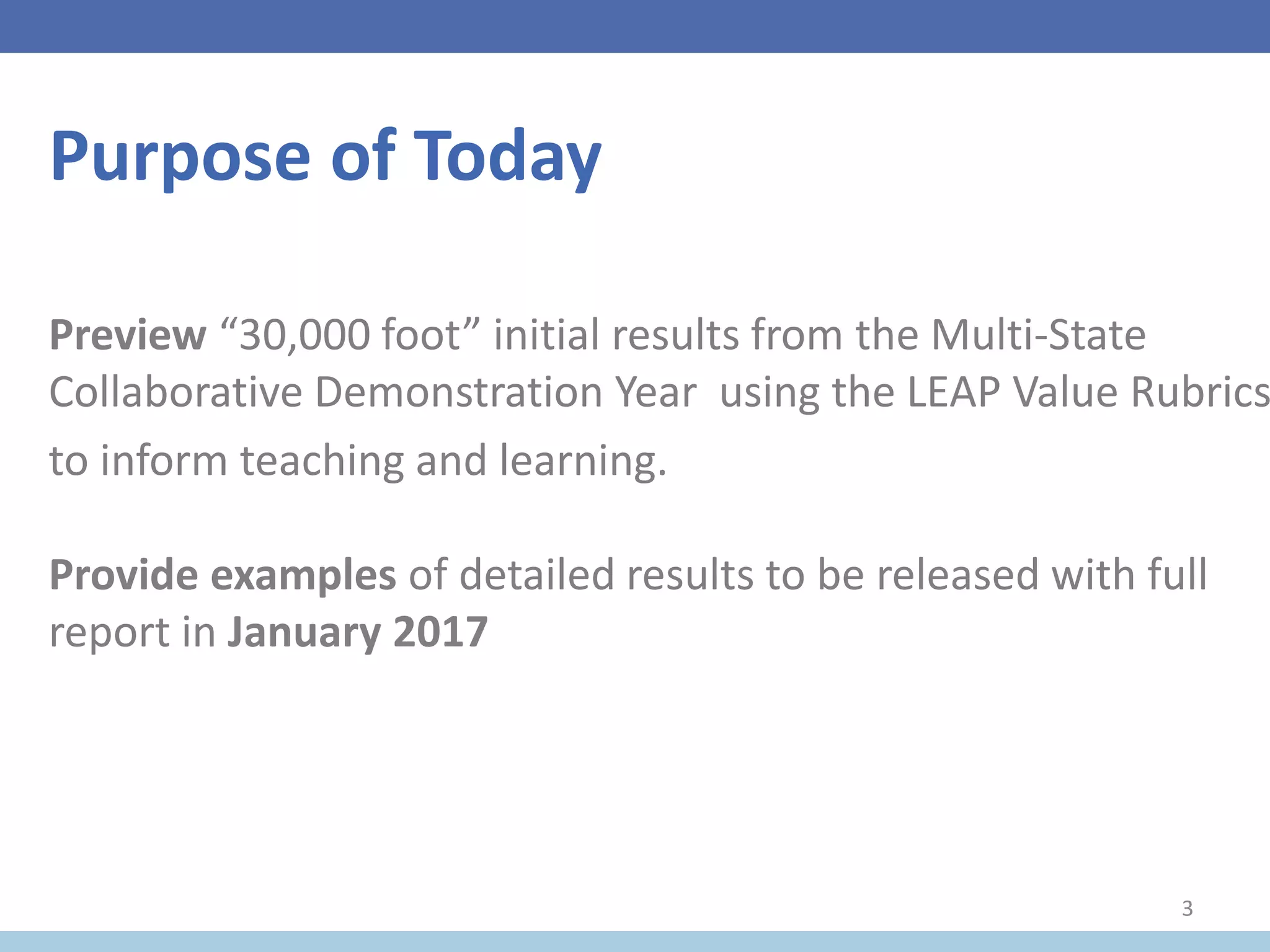 Purpose of Today
Preview “30,000 foot” initial results from the Multi-State
Collaborative Demonstration Year using the LEAP Value Rubrics
to inform teaching and learning.
Provide examples of detailed results to be released with full
report in January 2017
3
 
