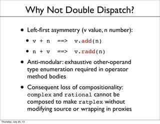Why Not Double Dispatch?
• Left-ﬁrst asymmetry (v value, n number):
• v + n ==> v.add(n)
• n + v ==> v.radd(n)
• Anti-modu...