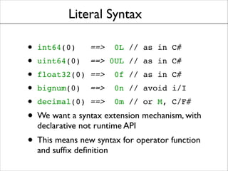 Literal Syntax

•
•
•
•
•

int64(0)

==>

0L // as in C#!

uint64(0)

==> 0UL // as in C#!

float32(0) ==>

0f // as in C#...