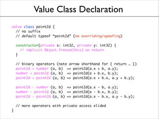 Value Class Declaration
value class point2d {	
// no suffix	
// default typeof “point2d” (no overriding/spoofing)	

!
cons...