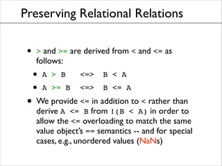 Preserving Relational Relations

•

> and >= are derived from < and <= as

follows:	


•
•

A > B

<=>

B < A	


A >= B

<...