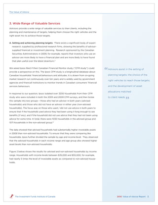 The Value of Advice




3. Wide Range of Valuable Services
Advisors provide a wide range of valuable services to their clients, including the
planning and maintenance of targets, helping them choose the right vehicles and the
right asset mix to achieve those targets.


A. Setting and achieving planning targets: There exists a signiﬁcant body of expert
  research, supplied by professional research ﬁrms, showing the beneﬁts of advisor-
  supplied ﬁnancial or investment planning. Research sponsored by the Canadian
  Securities Administrators in 2009, for example, reports that investors who use an
  advisor are more likely to have a ﬁnancial plan and are more likely to have found
  that plan useful over the latest downturn.2


We asked Ipsos Reid if their Canadian Financial Monitor study (“CFM study”) could
                                                                                         Advisors assist in the setting of
provide a perspective on this. The Ipsos CFM study is a longitudinal database about
Canadian households’ ﬁnancial behaviours and attitudes. It is drawn from on-going        planning targets; the choice of the
market research run continuously over ten years and is widely used by government
                                                                                         right vehicles to reach those targets;
agencies and ﬁnancial institutions to monitor trends in Canadian consumers’ ﬁnancial
services behaviours.                                                                     and the development of asset

                                                                                         allocations matched
In response to our question, Ipsos isolated over 3200 households from their CFM
study who were included in both the 2005 and 2009 CFM surveys, and then broke            to client needs.
this sample into two groups – those who had an advisor in both years (advised
households) and those who did not have an advisor in either year (non-advised
households). The focus was on those who used / did not use advice in both years to
ensure that if the household used advice they had been using it long enough to see
beneﬁts (if any), and if the household did not use advice that they had not been using
advice for some time. In total, there were 1030 households in the advised group and
1371 households in the non-advised group.3


The data showed that advised households had substantially higher investable assets
in 2009 than non-advised households. To ensure that they were comparing like
households, Ipsos further divided the sample by age and income level. They observed
that the advised households in each income range and age group also showed higher
asset levels than non-advised households.


Figure 2 below shows the results for advised and non-advised households by income
range. Households with income levels between $35,000 and $55,000, for example,
had nearly 5 times the level of investable assets as compared to non-advised house-
holds.




     The Investment Funds Institute of Canada                                                    2010 Value of Advice Report 3
 