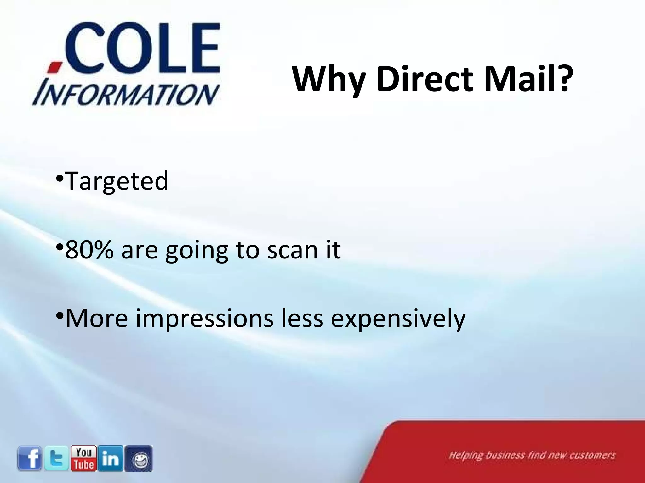 Why Direct Mail? Targeted 80% are going to scan it More impressions less expensively 