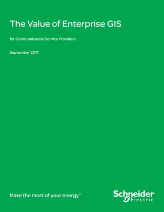 The Value of Enterprise GIS

Executive summary
A surprising number of communications companies still
document their network in disparate proprietary systems
like CAD. This makes it difficult to obtain information
needed to make decisions fast and stay competitive.
This paper demonstrates how an enterprise Geographic
Information System (GIS)–based system is a better
approach by enabling a centralized data store; multiple
simultaneous editors; flexibility and configurability;
standard customization environments; open integration
framework; desktop, Web, mobile and cloud deployment
options; and rich data interoperability.

998-2095-06-12-12AR0

 