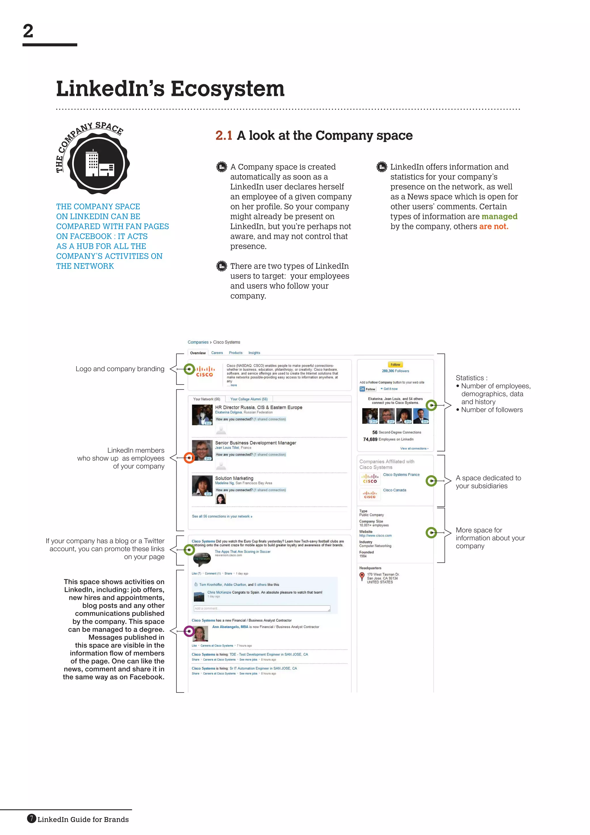 2


       LinkedIn’s Ecosystem
                   N   Y SPACE
                PA                             2.1 A look at the Company space
         M
      TH E CO




                                                	 A Company space is created         	 LinkedIn offers information and
                                                  automatically as soon as a           statistics for your company’s
                                                  LinkedIn user declares herself       presence on the network, as well
                                                  an employee of a given company       as a News space which is open for
       THE COMPANY SPACE                          on her profile. So your company      other users’ comments. Certain
       ON LINKEDIN CAN BE                         might already be present on          types of information are managed
       COMPARED WITH FAN PAGES                    LinkedIn, but you’re perhaps not     by the company, others are not.
       ON FACEBOOK : IT ACTS                      aware, and may not control that
       AS A HUB FOR ALL THE                       presence.
       COMPANY’S ACTIVITIES ON
       THE NETWORK                              	 There are two types of LinkedIn
                                                  users to target: your employees
                                                  and users who follow your
                                                  company.




                Logo and company branding
                                                                                                       Statistics :
                                                                                                       • Number of employees,
                                                                                                         demographics, data
                                                                                                         and history
                                                                                                       • Number of followers




                         LinkedIn members
                 who show up as employees
                           of your company
                                                                                                       A space dedicated to
                                                                                                       your subsidiaries




                                                                                                       More space for
    If your company has a blog or a Twitter                                                            information about your
      account, you can promote these links                                                             company
                             on your page


          This space shows activities on
           LinkedIn, including: job offers,
            new hires and appointments,
                 blog posts and any other
               communications published
              by the company. This space
            can be managed to a degree.
                    Messages published in
               this space are visible in the
             information flow of members
             of the page. One can like the
          news, comment and share it in
          the same way as on Facebook.




7 LinkedIn Guide for Brands
 