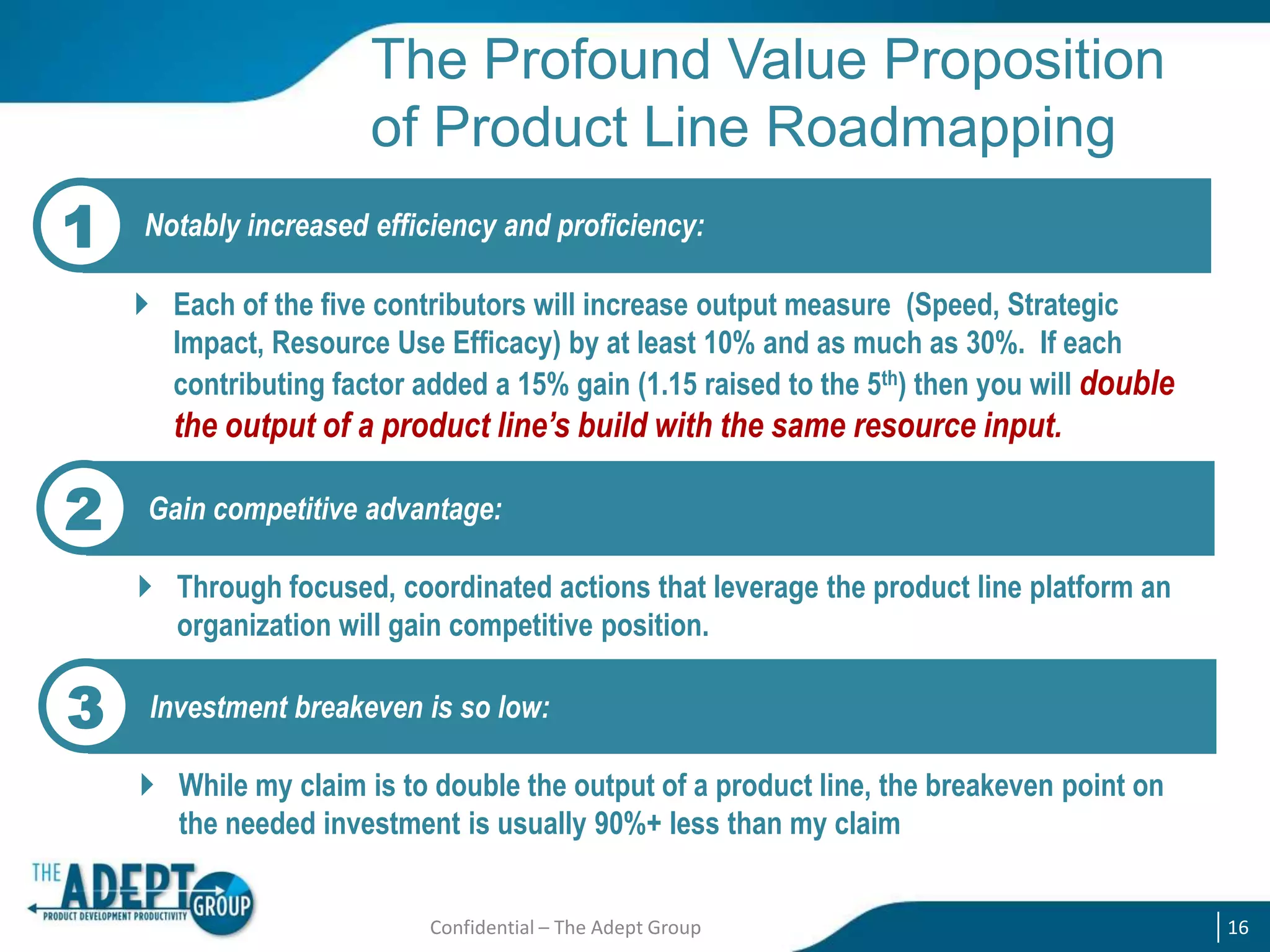 The Profound Value Proposition
of Product Line Roadmapping
1

Notably increased efficiency and proficiency:
 Each of the five contributors will increase output measure (Speed, Strategic
Impact, Resource Use Efficacy) by at least 10% and as much as 30%. If each
contributing factor added a 15% gain (1.15 raised to the 5th) then you will double

the output of a product line’s build with the same resource input.

2

Gain competitive advantage:
 Through focused, coordinated actions that leverage the product line platform an
organization will gain competitive position.

3

Investment breakeven is so low:
 While my claim is to double the output of a product line, the breakeven point on
the needed investment is usually 90%+ less than my claim
Confidential – The Adept Group

16

 