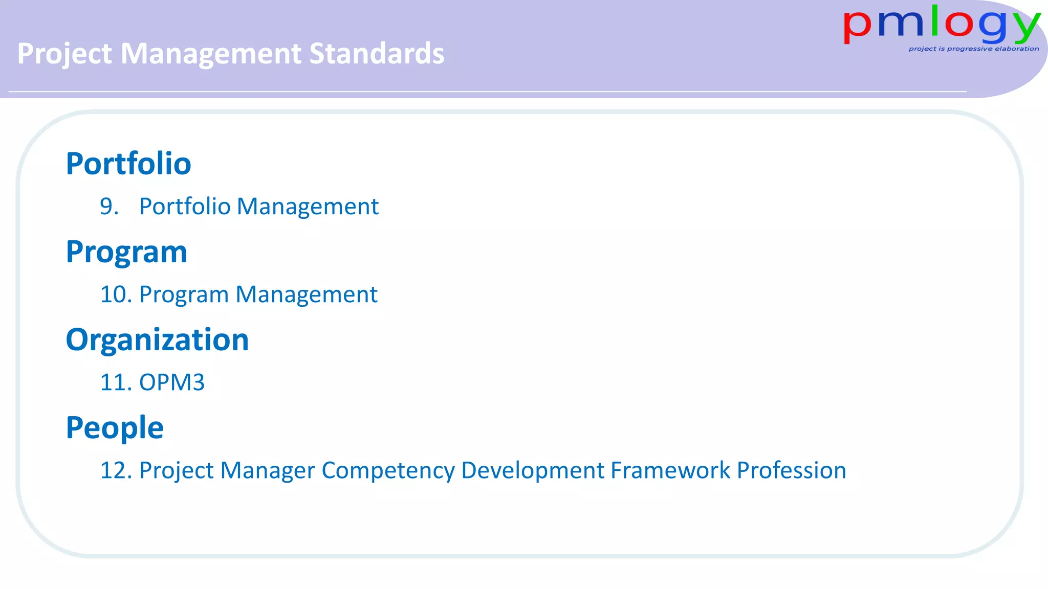 Project Management Standards
Portfolio
9. Portfolio Management
Program
10. Program Management
Organization
11. OPM3
People
12. Project Manager Competency Development Framework Profession
 