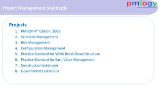 Project Management Standards
Projects
1. PMBOK 4th Edition, 2008
2. Schedule Management
3. Risk Management
4. Configuration Management
5. Practice Standard for Work Break Down Structure
6. Practice Standard for Earn Value Management
7. Construction Extension
8. Government Extensions
 