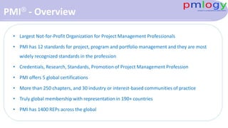 PMI® - Overview
• Largest Not-for-Profit Organization for Project Management Professionals
• PMI has 12 standards for project, program and portfolio management and they are most
widely recognized standards in the profession
• Credentials, Research, Standards, Promotion of Project Management Profession
• PMI offers 5 global certifications
• More than 250 chapters, and 30 industry or interest-based communities of practice
• Truly global membership with representation in 190+ countries
• PMI has 1400 REPs across the global
 