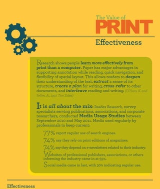 PRINT
                                                     The Value of



                                                     Effectiveness

                R esearch shows people learn more effectively from
                print than a computer. Paper has major advantages in
                supporting annotation while reading, quick navigation, and
                flexibility of spatial layout. This allows readers to deepen
                their understanding of the text, extract a sense of its
                structure, create a plan for writing, cross-refer to other
                documents, and interleave reading and writing. (O’Hara, K. and
                Sellen, A., 1997, Two Sides)


                It is all serving publications, associations, and corporate
                specialists
                            about the mix:                     , survey
                                                    Readex Research

                researchers, conducted Media Usage Studies between
                September 2010 and May 2011. Media used regularly by
                professionals to keep current:
                     77% report regular use of search engines.
                     74% say they rely on print editions of magazines.
                     74% say they depend on e-newsletters related to their industry.
                     Websitesthe professional publishers, associations, or others
                     informing
                               of
                                  industry came in at 55%.
                     Social media came in last, with 30% indicating regular use.

Effectiveness
 