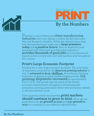 PRINT
                                           The Value of



                                          By the Numbers

            Printing is one ofroots datingoldest manufacturing
            industries with
                               America’s
                                           to before the Revolutionary
            War and Benjamin Franklin. While the industry has a long
            and distinguished past it also has a large presence
            today and a positive future. And, as America’s most
            geographically dispersed manufacturing industry, it
            provides thousands of good jobs and entrepreneurial
            opportunities in every state and metropolitan area throughout
            the country.

            Print’s Large Economic Footprint
            Printing has a very large economic footprint. The total value
            of shipments produced by the American printing industry in
            2011 is estimated at $145.1 billion. According to Printing
            Industries of America’s print market tracking model, U.S.
            printing shipments increased by approximately
            0.4% in 2011. The growth was the result of the overall
            economic improvement and gains in advertising and
            promotion printing, particularly direct mail promotion related
            to the 2012 election cycle.
            If the economy trends as projected, print
                                          markets
            should continue to grow in 2012. All in all, our
            projection is for 3% growth in 2012 and 3.3% growth in
            2013 on a nominal or non-inflation adjusted basis.


By the Numbers
 