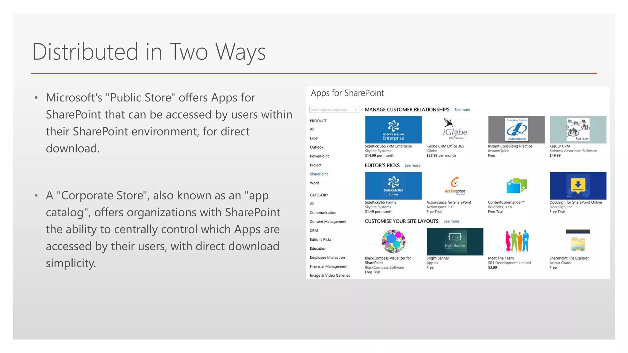 Click to edit Master text styles
Distributed in Two Ways
• Microsoft's "Public Store" offers Apps for
SharePoint that can be accessed by users within
their SharePoint environment, for direct
download.
• A "Corporate Store", also known as an "app
catalog", offers organizations with SharePoint
the ability to centrally control which Apps are
accessed by their users, with direct download
simplicity.
 