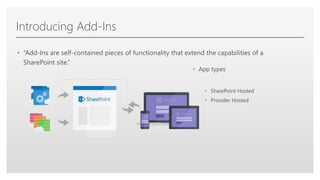 Click to edit Master text styles
Introducing Add-Ins
• “Add-Ins are self-contained pieces of functionality that extend the capabilities of a
SharePoint site.”
• App types
• SharePoint Hosted
• Provider Hosted
 