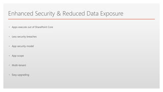 Click to edit Master text styles
Enhanced Security & Reduced Data Exposure
• Apps execute out of SharePoint Core
• Less security breaches
• App security model
• App scope
• Multi-tenant
• Easy upgrading
 