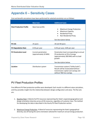 Maine Distributed Solar Valuation Study
Prepared by Clean Power Research Volume II Page 100
Appendix 6 – Sensitivity Cases
Cost and benefit calculations have been performed for selected sensitivity runs as follows:
Base Case Additional Cases
Fleet Production Profile Base Case profile
• Maximum Energy Production
• Maximum Capacity
• Residential Proxy
• Non-Residential Proxy
See description below.
PV Life 25 years 20 and 30 years
PV Degradation Rate 0.5% per year 0.2% per year, 0.8% per year
PV Penetration Level Current penetration
(approximately 10 MW)
Penetration level corresponding to annual
PV production at 5% of energy
(approximately 300 MW) with no load
growth.
See description below.
Location Distribution system Transmission system (“Utility Scale”).
Results will be recalculated without
transmission capital cost savings and
without T&D loss savings.
PV Fleet Production Profiles
Five different PV fleet production profiles were developed. Each results in a different value calculation,
and thus provides insight into the relationship between design configuration and value. The five sets
are:
1. Baseline Fleet. A blend of all PV resources representing the State’s expected geographical and
design orientation diversity across all DG resources, regardless of customer class. The method
for developing this data is described in the Hourly PV Fleet Production section.
2. Maximum Energy Production. A blend of resources representing the State’s geographical
diversity, but all having the same orientation selected for maximum annual energy production.
 