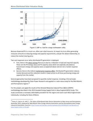 Maine Distributed Solar Valuation Study
Prepared by Clean Power Research Volume I Page 37
Figure 5. LMP vs. load for a large northeastern utility.
Because dispersed PV is a must-run, often user-sited resource, its impact vis-à-vis other generating
resources amounts to reducing energy and capacity requirements, and per the above relationship, to
reduce the market clearing price.
Two cost responses occur when distributed PV generation is deployed.
• First, there is the direct savings that occurs due to a reduction in load and required capacity.
These are the PV energy value and PV capacity value which are explicitly calculated as
transmission energy and capacity value as explained above and are not a market response
effects.
• Second, there is the indirect market price response effect. Distributed PV generation reduces
market demand and this reduction results in lower prices to all those purchasing energy and
capacity from the market.
Several approaches have been proposed to quantify market response, including a first-principle
methodology developed by Clean Power Research and applied in a solar value study for the Mid-Atlantic
and Pennsylvania regions.30
For this project, we apply the results of the Demand Reduction Induced Price Effects (DRIPE)
methodology described in the 2013 Avoided Energy Supply Costs in New England (AESC) study. This
study constitutes a reviewed, defendable precedent for the region and covers each New England state
individually, including the State of Maine.
30
Perez, R., Norris, B., Hoff, T., The Value of Distributed Solar Electric Generation to New Jersey and Pennsylvania,
November 2012, prepared for Mid-Atlantic Solar Energy Industry Association and the Pennsylvania Solar Energy
Industries Association, found at: http://mseia.net/site/wp-content/uploads/2012/05/MSEIA-Final-Benefits-of-
Solar-Report-2012-11-01.pdf .
 
