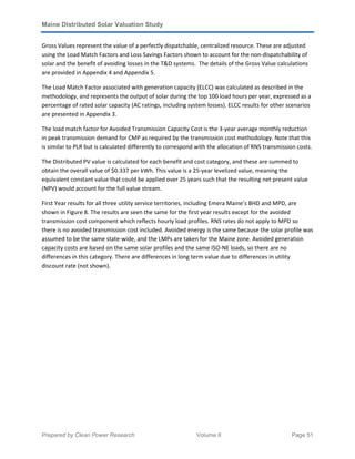 Maine Distributed Solar Valuation Study
Prepared by Clean Power Research Volume II Page 51
Gross Values represent the value of a perfectly dispatchable, centralized resource. These are adjusted
using the Load Match Factors and Loss Savings Factors shown to account for the non-dispatchability of
solar and the benefit of avoiding losses in the T&D systems. The details of the Gross Value calculations
are provided in Appendix 4 and Appendix 5.
The Load Match Factor associated with generation capacity (ELCC) was calculated as described in the
methodology, and represents the output of solar during the top 100 load hours per year, expressed as a
percentage of rated solar capacity (AC ratings, including system losses). ELCC results for other scenarios
are presented in Appendix 3.
The load match factor for Avoided Transmission Capacity Cost is the 3-year average monthly reduction
in peak transmission demand for CMP as required by the transmission cost methodology. Note that this
is similar to PLR but is calculated differently to correspond with the allocation of RNS transmission costs.
The Distributed PV value is calculated for each benefit and cost category, and these are summed to
obtain the overall value of $0.337 per kWh. This value is a 25-year levelized value, meaning the
equivalent constant value that could be applied over 25 years such that the resulting net present value
(NPV) would account for the full value stream.
First Year results for all three utility service territories, including Emera Maine’s BHD and MPD, are
shown in Figure 8. The results are seen the same for the first year results except for the avoided
transmission cost component which reflects hourly load profiles. RNS rates do not apply to MPD so
there is no avoided transmission cost included. Avoided energy is the same because the solar profile was
assumed to be the same state-wide, and the LMPs are taken for the Maine zone. Avoided generation
capacity costs are based on the same solar profiles and the same ISO-NE loads, so there are no
differences in this category. There are differences in long term value due to differences in utility
discount rate (not shown).
 