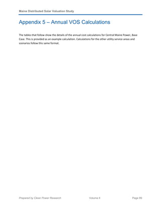Maine Distributed Solar Valuation Study
Prepared by Clean Power Research Volume II Page 89
Appendix 5 – Annual VOS Calculations
The tables that follow show the details of the annual cost calculations for Central Maine Power, Base
Case. This is provided as an example calculation. Calculations for the other utility service areas and
scenarios follow this same format.
 