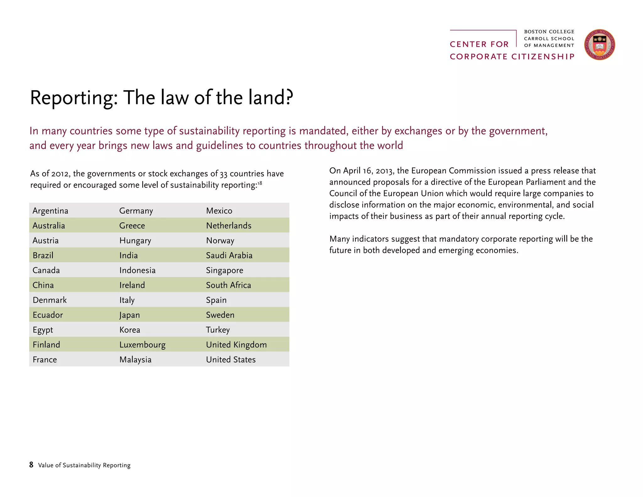 8 Value of Sustainability Reporting
In many countries some type of sustainability reporting is mandated, either by exchanges or by the government,
and every year brings new laws and guidelines to countries throughout the world
Reporting: The law of the land?
As of 2012, the governments or stock exchanges of 33 countries have
required or encouraged some level of sustainability reporting:18
Argentina Germany Mexico
Australia Greece Netherlands
Austria Hungary Norway
Brazil India Saudi Arabia
Canada Indonesia Singapore
China Ireland South Africa
Denmark Italy Spain
Ecuador Japan Sweden
Egypt Korea Turkey
Finland Luxembourg United Kingdom
France Malaysia United States
On April 16, 2013, the European Commission issued a press release that
announced proposals for a directive of the European Parliament and the
Council of the European Union which would require large companies to
disclose information on the major economic, environmental, and social
impacts of their business as part of their annual reporting cycle.
Many indicators suggest that mandatory corporate reporting will be the
future in both developed and emerging economies.
 