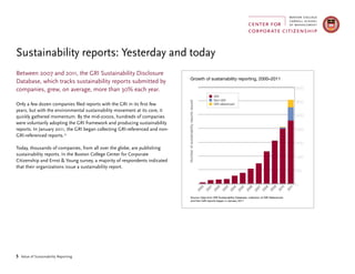 5 Value of Sustainability Reporting
Between 2007 and 2011, the GRI Sustainability Disclosure
Database, which tracks sustainability reports submitted by
companies, grew, on average, more than 30% each year.
Only a few dozen companies filed reports with the GRI in its first few
years, but with the environmental sustainability movement at its core, it
quickly gathered momentum. By the mid-2000s, hundreds of companies
were voluntarily adopting the GRI framework and producing sustainability
reports. In January 2011, the GRI began collecting GRI-referenced and non-
GRI-referenced reports.15
Today, thousands of companies, from all over the globe, are publishing
sustainability reports. In the Boston College Center for Corporate
Citizenship and Ernst & Young survey, a majority of respondents indicated
that their organizations issue a sustainability report.
Sustainability reports: Yesterday and today
0
1000
1500
2000
2500
Growth of sustainability reporting, 2000–2011
2000
2001
2002
2003
2004
2005
2006
2007
2008
2009
2010
2011
500
3000
3500
Source: Data from GRI Sustainability Database; collection of GRI-Referenced
and Non-GRI reports began in January 2011
Numberofsustainabilityreportsissued
GRI
Non-GRI
GRI-referenced
 