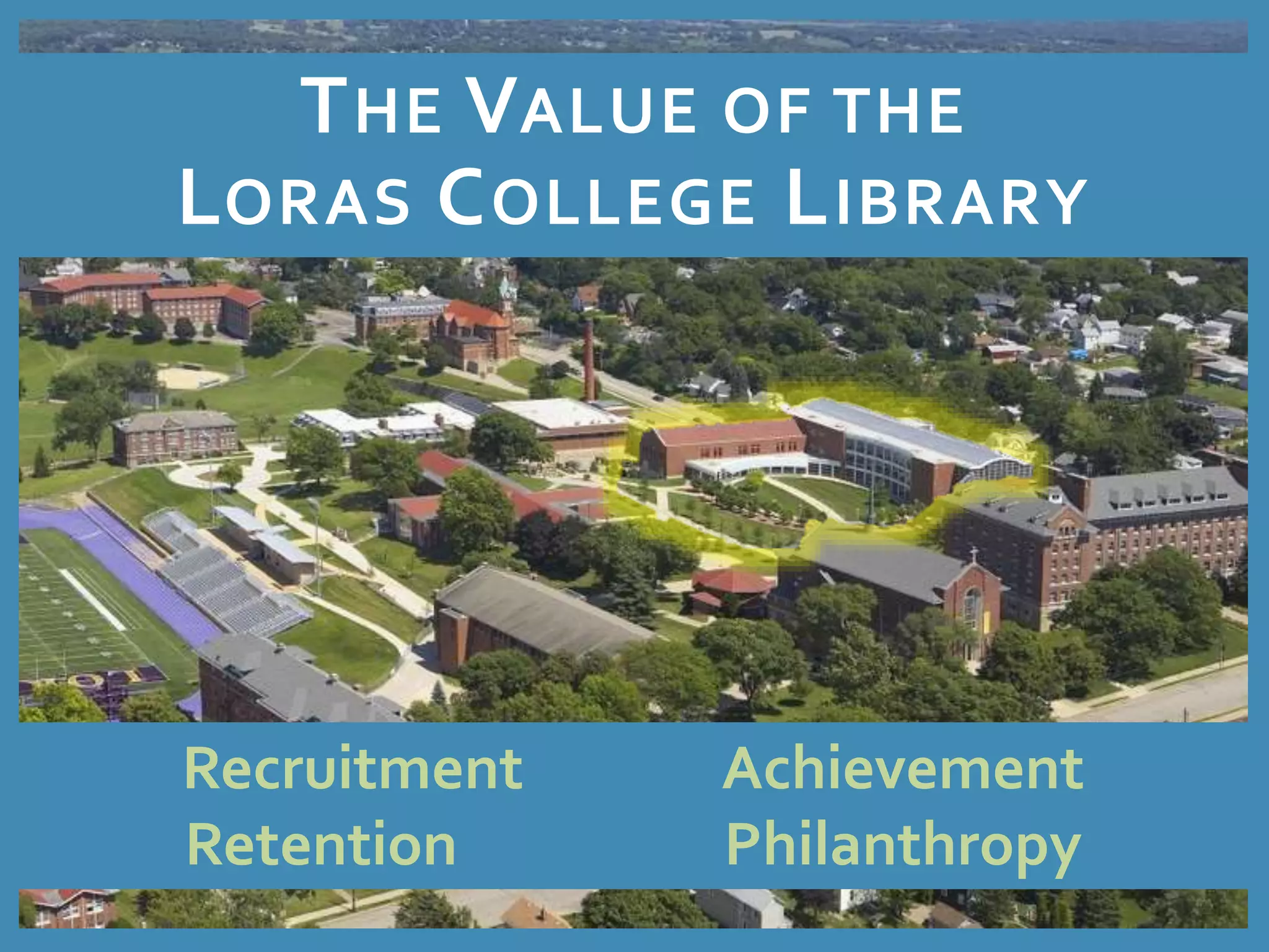 THE VALUE OF THE 
LORAS COLLEGE LIBRARY 
Recruitment Achievement 
Retention Philanthropy 
 