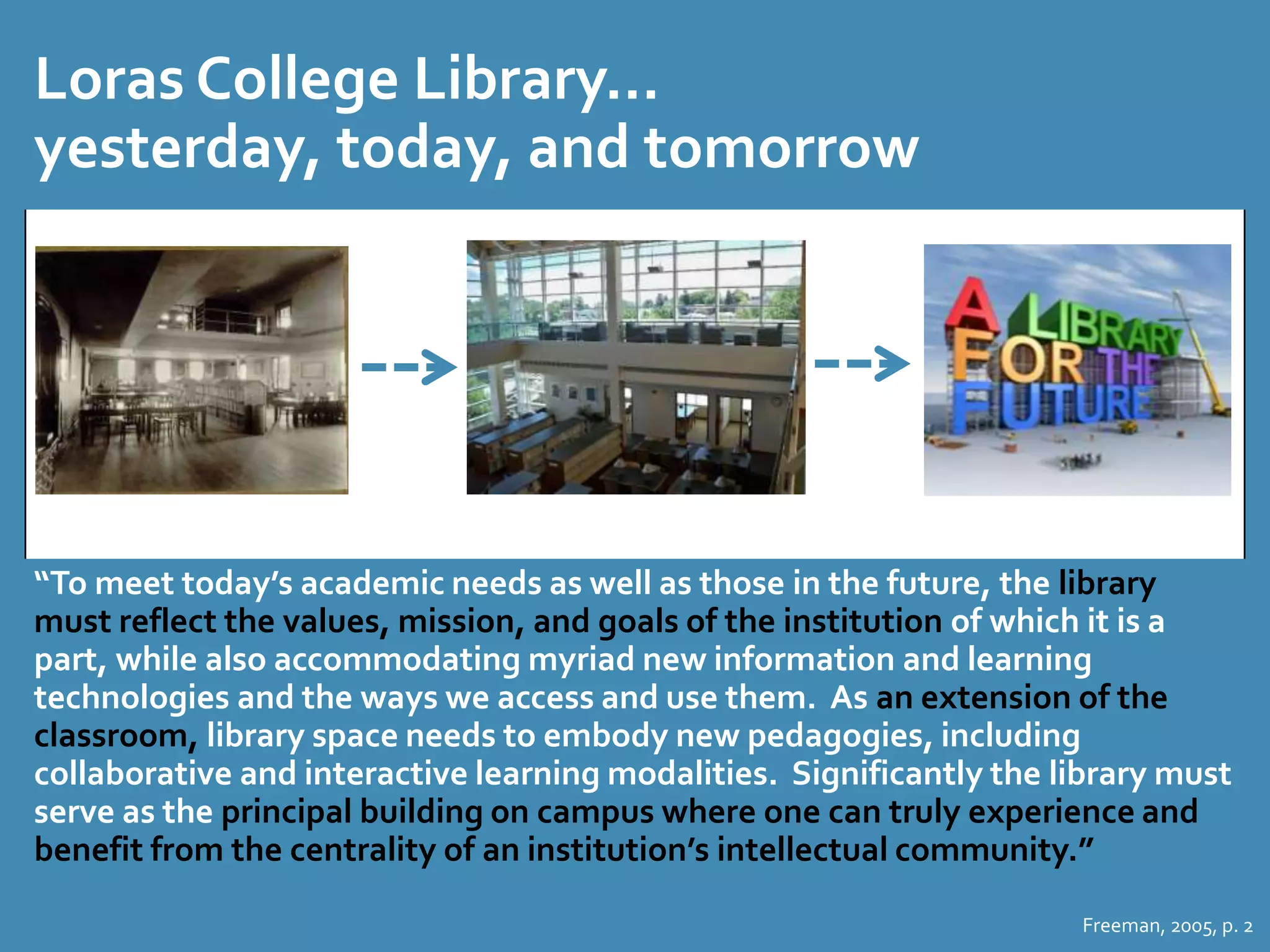 Loras College Library… 
yesterday, today, and tomorrow 
“To meet today’s academic needs as well as those in the future, the library 
must reflect the values, mission, and goals of the institution of which it is a 
part, while also accommodating myriad new information and learning 
technologies and the ways we access and use them. As an extension of the 
classroom, library space needs to embody new pedagogies, including 
collaborative and interactive learning modalities. Significantly the library must 
serve as the principal building on campus where one can truly experience and 
benefit from the centrality of an institution’s intellectual community.” 
Freeman, 2005, p. 2 
 