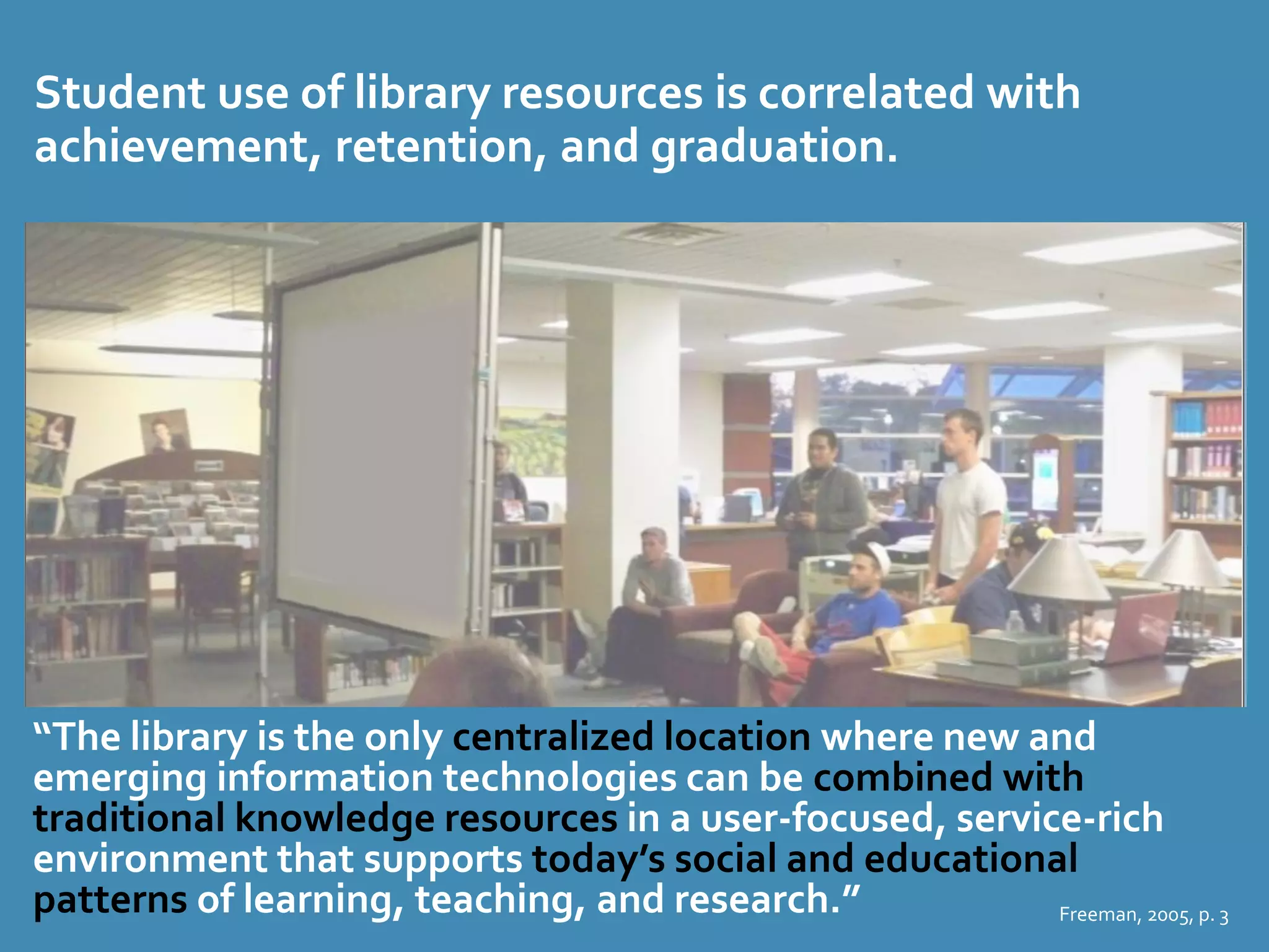 Student use of library resources is correlated with 
achievement, retention, and graduation. 
“The library is the only centralized location where new and 
emerging information technologies can be combined with 
traditional knowledge resources in a user-focused, service-rich 
environment that supports today’s social and educational 
patterns of learning, teaching, and research.” 
Freeman, 2005, p. 3 
 
