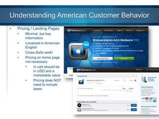 Understanding American Customer Behavior
•

Pricing / Landing Pages
•
•
•
•

Minimal, but key
information
Localized in American
English
Cross-Sells work!
Pricing on home page
not necessary
•
In cart should be
in USD and a
marketable value
•
Pricing does NOT
need to include
taxes

 