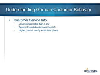 Understanding German Customer Behavior
•

Customer Service Info
•
•
•

Lower contact rates than in US
Support Expectation is lower than US
Higher contact rate by email than phone

 