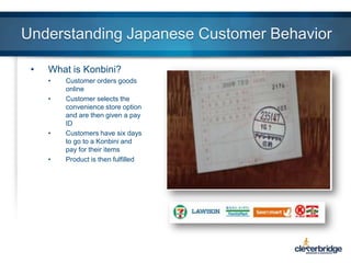 Understanding Japanese Customer Behavior
•

What is Konbini?
•
•

•

•

Customer orders goods
online
Customer selects the
convenience store option
and are then given a pay
ID
Customers have six days
to go to a Konbini and
pay for their items
Product is then fulfilled

 