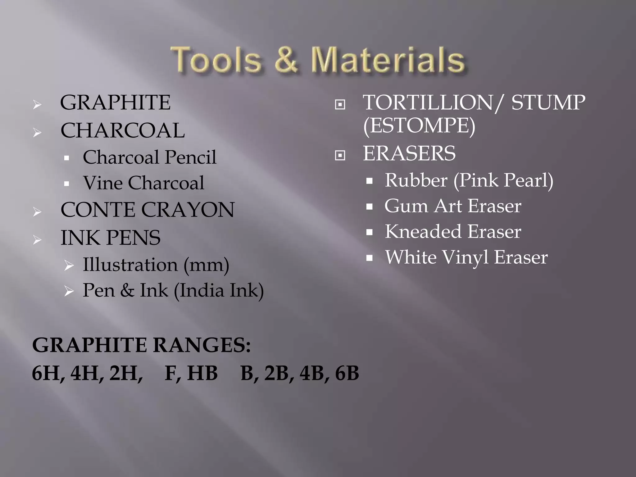  GRAPHITE
 CHARCOAL
 Charcoal Pencil
 Vine Charcoal
 CONTE CRAYON
 INK PENS
 Illustration (mm)
 Pen & Ink (India Ink)
GRAPHITE RANGES:
6H, 4H, 2H, F, HB B, 2B, 4B, 6B
 TORTILLION/ STUMP
(ESTOMPE)
 ERASERS
 Rubber (Pink Pearl)
 Gum Art Eraser
 Kneaded Eraser
 White Vinyl Eraser
 