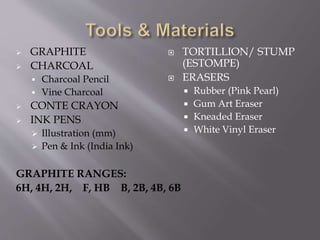  GRAPHITE
 CHARCOAL
 Charcoal Pencil
 Vine Charcoal
 CONTE CRAYON
 INK PENS
 Illustration (mm)
 Pen & Ink (India Ink)
GRAPHITE RANGES:
6H, 4H, 2H, F, HB B, 2B, 4B, 6B
 TORTILLION/ STUMP
(ESTOMPE)
 ERASERS
 Rubber (Pink Pearl)
 Gum Art Eraser
 Kneaded Eraser
 White Vinyl Eraser
 