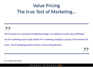 Value Pricing
                   The true Test of Marketing…



The true test of a successful marketing strategy is its ability to create value profitably.

As one marketing expert aptly stated: For marketing strategists, pricing is the moment of

truth - all of marketing comes to focus in the pricing decision.




(acc. to Nagle/Hogan 2006)
 