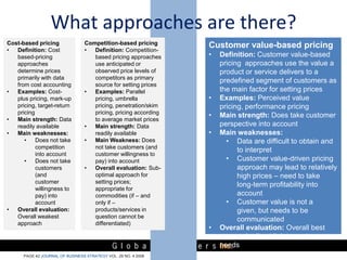 What approaches are there?
Cost-based pricing               Competition-based pricing       Customer value-based pricing
•  Definition: Cost              •  Definition: Competition-
   based-pricing                    based pricing approaches     •   Definition: Customer value-based
   approaches                       use anticipated or               pricing approaches use the value a
   determine prices                 observed price levels of         product or service delivers to a
   primarily with data              competitors as primary
                                                                     predefined segment of customers as
   from cost accounting             source for setting prices
•  Examples: Cost-               •  Examples: Parallel               the main factor for setting prices
   plus pricing, mark-up            pricing, umbrella            •   Examples: Perceived value
   pricing, target-return           pricing, penetration/skim        pricing, performance pricing
   pricing                          pricing, pricing according
                                                                 •   Main strength: Does take customer
•  Main strength: Data              to average market prices
   readily available             •  Main strength: Data              perspective into account
•  Main weaknesses:                 readily available            •   Main weaknesses:
      •    Does not take         •  Main Weakness: Does                • Data are difficult to obtain and
           competition              not take customers (and
                                                                           to interpret
           into account             customer willingness to
      •    Does not take            pay) into account                  • Customer value-driven pricing
           customers             •  Overall evaluation: Sub-               approach may lead to relatively
           (and                     optimal approach for                   high prices – need to take
           customer                 setting prices;
                                                                           long-term profitability into
           willingness to           appropriate for
           pay) into                commodities (if – and                  account
           account                  only if –                          • Customer value is not a
•  Overall evaluation:              products/services in                   given, but needs to be
   Overall weakest                  question cannot be
                                                                           communicated
   approach                         differentiated)
                                                                 •   Overall evaluation: Overall best
                                                                     approach, direct link to customer
                                                                     needs
      PAGE 42 JOURNAL OF BUSINESS STRATEGY VOL. 29 NO. 4 2008
 