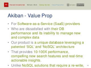 Harvard innovation lab : Michael J Skok : Startup Secrets : Value PropositionHi @mjskok
49
Akiban - Value Prop
• For Software-as-a-Service (SaaS) providers
• Who are dissatisfied with their DB
performance and its inability to manage new
and complex data
• Our product is a unique database leveraging a
patented „SQL‟ and „NoSQL‟ architecture
• That provides 10-100X performance,
compelling new search features and real-time
actionable insights.
• Unlike NoSQL solutions that require a re-write,
 