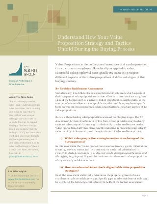 Understand How Your Value
Proposition Strategy and Tactics
Unfold During the Buying Process
THE NARO GROUP BROCHURE
Page 1
Improve Performance.
Drive Revenue.
About The Naro Group
The Naro Group provides
sales leaders with proprietary
sales processes, skills training,
and industry expertise to
create their own unique
selling process in order to
execute their go-to-market
strategy. The Naro Group
leverages CustomerCentric
Selling® (CCS®), a proven sales
methodology for predictably
improving revenue growth
and sales performance, as its
sales methodology of choice.
Contact Jim Naro, President,
by email at:
jnaro@TheNaroGroup.com.
Value Proposition is the collection of resources that can be provided
to a customer or employee. Specifically as applied to sales,
successful salespeople will strategically reveal to the prospect
different aspects of the value proposition at different stages of the
buying journey.
R7 for Sales Enablement Assessment
Unfortunately, it is difficult for salespeople to intuitively know which aspects of
their companies' value proposition are most effective to communicate at a given
stage of the buying journey leading to stalled opportunities. Additionally, as the
number of sales enablement tools proliferate, when and how people use specific
tools becomes more inconsistent and disconnected from important aspects of the
value proposition.
Rarely is the unfolding value proposition assessed over buying stages. The R7
Assessment for Sales Enablement by The Naro Group provides a way to clearly
examine value proposition strategy in relationship to sales enablement tactics.
Value proposition clarity has many benefits including improved pipeline velocity,
sales training reinforcement, and the optimization of sales enablement tools.
1) Which value proposition strategies matter at each stage of the
buying process?
In this assessment the 7 value proposition resources (money, goods, information,
meaning, services, status, and involvement) are statistically determined in
relation to strategic outcomes (e.g., discover needs, champion qualification, and
identifying key players). Figure 1 below shows that the overall value proposition
of any company unfolds over time.
2) How are sales enablement tools aligned with value proposition
strategies?
Next, the assessment statistically determines the proper alignment of sales
enablement tools at each buyer stage. Specific gaps in sales enablement tools vary
by client, but the following are illustrative benefits of the tactical assessment:
For Sales Insights
Visit the Knowledge Center at
www.TheNaroGroup.com for
more sales and marketing
transformation.
 