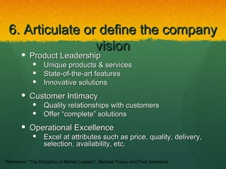 6. Articulate or define the company
                 vision
        Product Leadership
                 Unique products & services
                 State-of-the-art features
                 Innovative solutions
        Customer Intimacy
                 Quality relationships with customers
                 Offer “complete” solutions
        Operational Excellence
                 Excel at attributes such as price, quality, delivery,
                  selection, availability, etc.

Reference: "The Discipline of Market Leaders", Michael Treacy and Fred Wiersema
 
