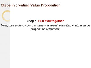Steps in creating Value Proposition
Step 5: Pull it all together
Now, turn around your customers 'answer' from step 4 into a value
proposition statement.
 